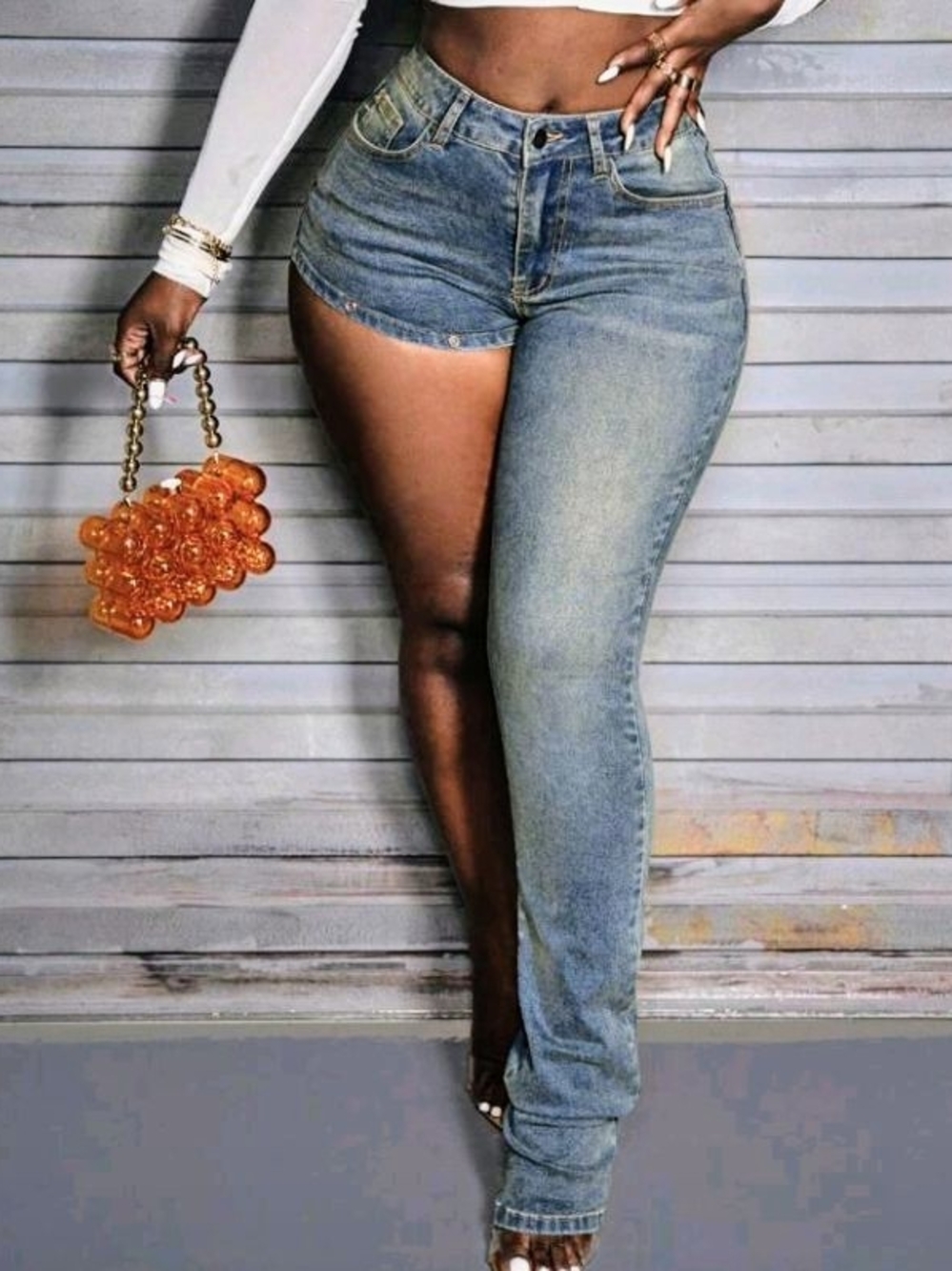 One-Leg Skinny Jeans in Blue Denim